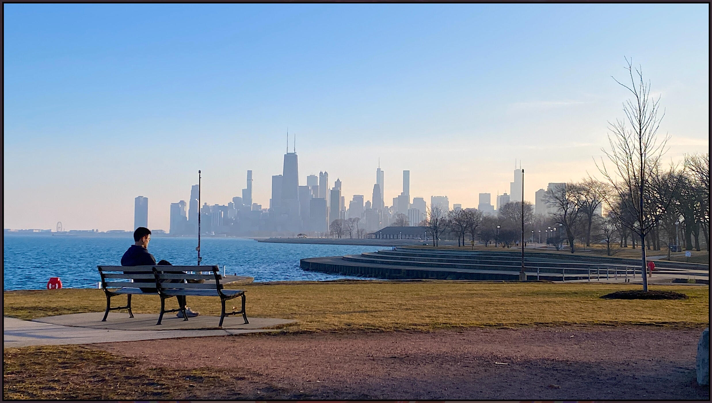 Chicago Skyline Bench - Man Sitting on Bench